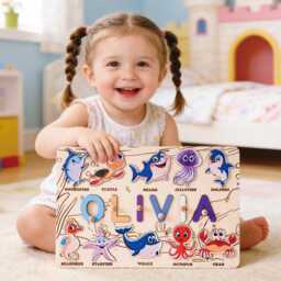 Personalized Baby Name Puzzle, Animal Theme Toddler Puzzle Toy, Early Learning Busy Board, Custom Birthday Gift For Kids, 1st - thumbnail 1