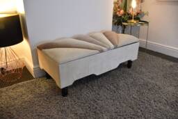 Handcrafted Custom Upholstered Storage Bench With Unique Sunburst Tufted/Panel Design Top - Brand New - thumbnail 1