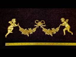 Large Ornate Applique Cherubs Floral Gilt White French Style Decorative Wall Furniture Onlay Moulding Pediment Plastic Decoration - thumbnail 1