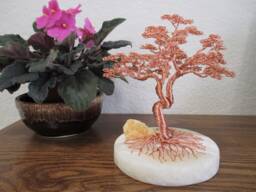 Copper Wire Tree Sculpture On Marble Base With Crystal