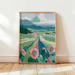 Sunflower Field Poster, Mountain Landscape Print, Nature Wall Art - thumbnail 4