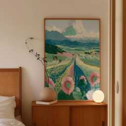 Sunflower Field Poster, Mountain Landscape Print, Nature Wall Art - thumbnail 2