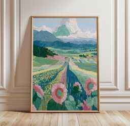 Sunflower Field Poster, Mountain Landscape Print, Nature Wall Art - thumbnail 1