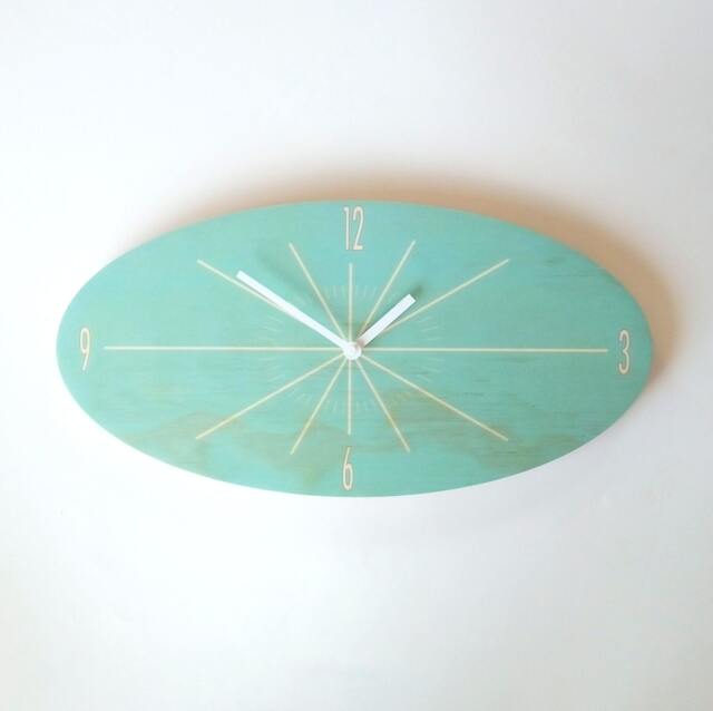 Light Teal Oval Wooden Wall Clock Mid-Century Modern Silent Clock - image 1