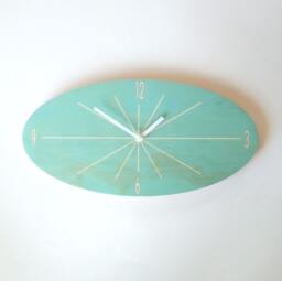 Light Teal Oval Wooden Wall Clock Mid-Century Modern Silent Clock - thumbnail 1