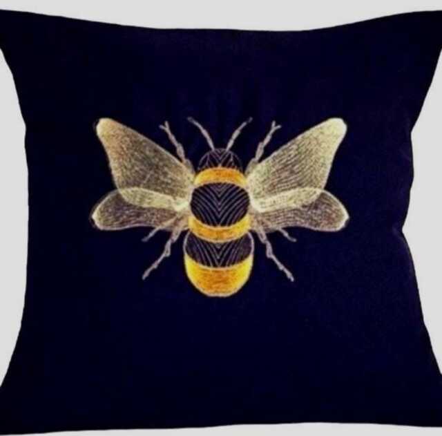 Metallic Bee Embroidered Cushion Cover, Black Cotton Pillow - image 1