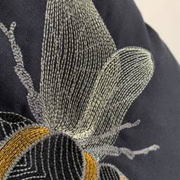 Metallic Bee Embroidered Cushion Cover, Black Cotton Pillow - thumbnail 2