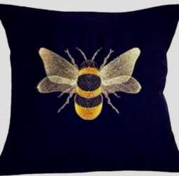 Metallic Bee Embroidered Cushion Cover, Black Cotton Pillow - thumbnail 1
