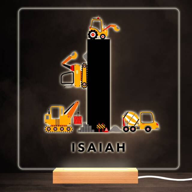 Construction Vehicles Alphabet Letter I Square Personalised Gift Night Light - Bedroom Lamp - image 1