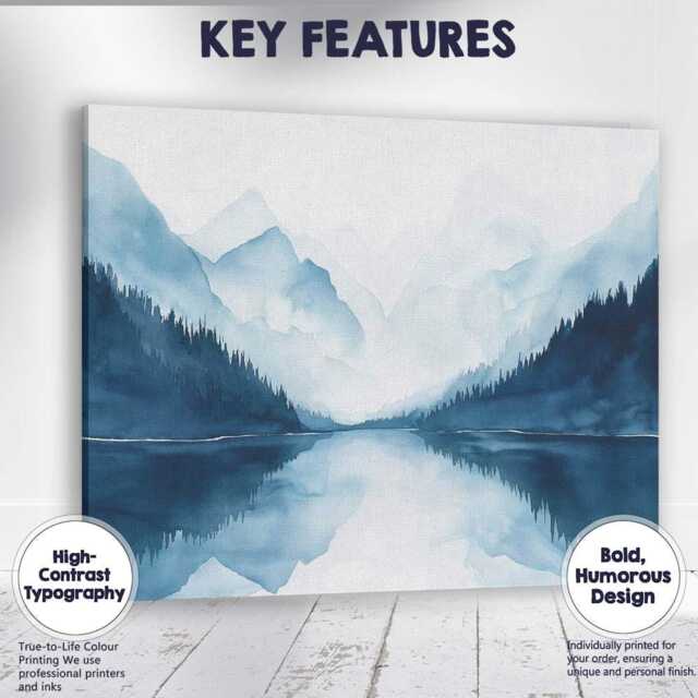 Misty Blue Mountain Lake Reflection Watercolour Landscape Canvas Wall Art Print Decor Picture Ready To Hang - image 1