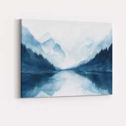 Misty Blue Mountain Lake Reflection Watercolour Landscape Canvas Wall Art Print Decor Picture Ready To Hang - thumbnail 4