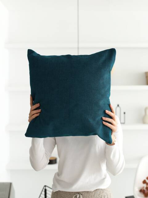 Blue Linen Throw Pillow Cover, Handmade Medium Lumbar Case, Any Size, Soft Cushion Hidden Zipper, Living Room Decor - image 1