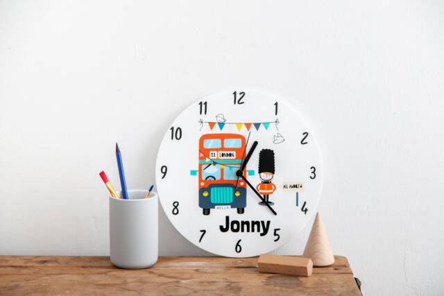 Children's London Bus Theme Clock - Personalised Kids Bedroom Gift Transport Themed Acrylic - image 1