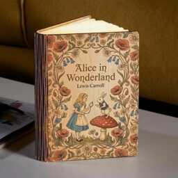 Alice in Wonderland Book Lamp, White Rabbit Mushroom & Playing Cards Lamp, Lewis Carroll Wooden Led Night Light, Lamp - thumbnail 4