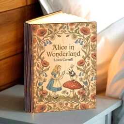 Alice in Wonderland Book Lamp, White Rabbit Mushroom & Playing Cards Lamp, Lewis Carroll Wooden Led Night Light, Lamp