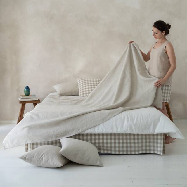 Linen Flat Sheet Gingham, Checkered Bed Sheets, Natural Bedding Double, King, Queen, Full, Twin Sizes - image 1
