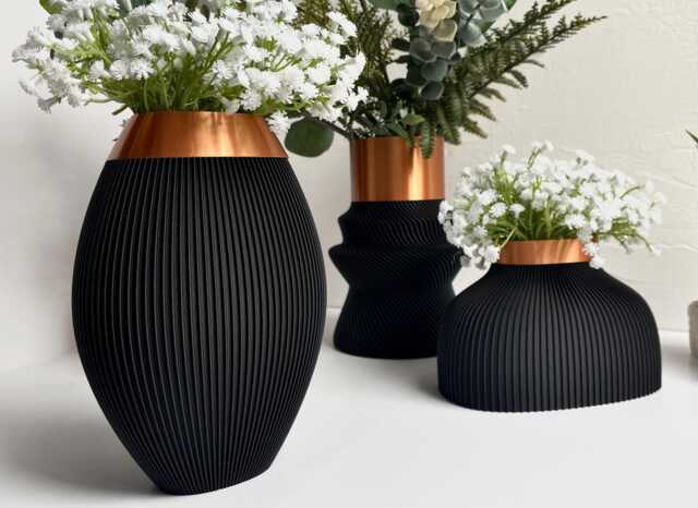 Black & Copper Ribbed Vase Modern 3D Printed Pla Decor - image 1