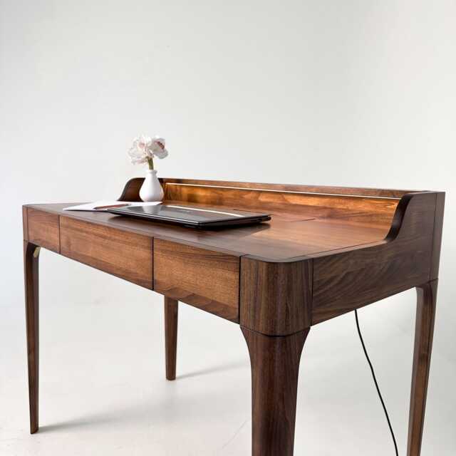 Expertly Handmade Walnut Writing Desk With Adjustable Led Lighting, Mid-Century For Home Office - Us Duties Prepaid - image 1