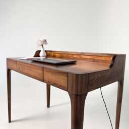 Expertly Handmade Walnut Writing Desk With Adjustable Led Lighting, Mid-Century For Home Office - Us Duties Prepaid - thumbnail 1