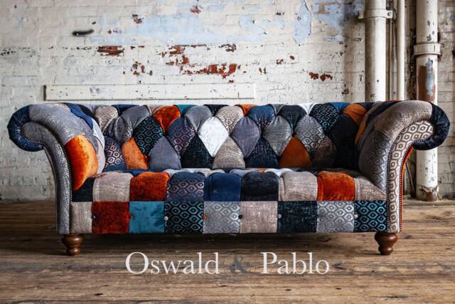 Unique British Handmade 3 Seater Orange Grey Blue Velvet Fabric Patchwork Chesterfield Sofa - image 1
