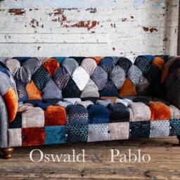Unique British Handmade 3 Seater Orange Grey Blue Velvet Fabric Patchwork Chesterfield Sofa - thumbnail 3