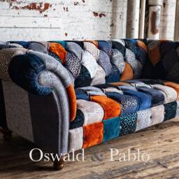 Unique British Handmade 3 Seater Orange Grey Blue Velvet Fabric Patchwork Chesterfield Sofa - thumbnail 2