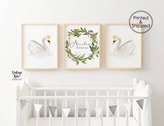 Set Of 3 Neutral Nursery Prints, Swan Decor, Gender Greenary Wreath, Personalised Name Print, Leaves Wreath - image 1
