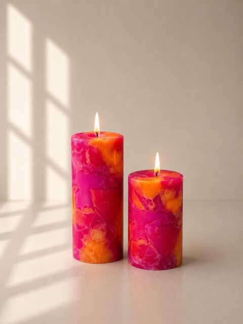 Vibrant Pink & Orange Marble Candle - Handmade Pillar Abstract Swirl Luxury Home Decor Unique Gift For Her - image 1