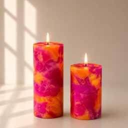 Vibrant Pink & Orange Marble Candle - Handmade Pillar Abstract Swirl Luxury Home Decor Unique Gift For Her - thumbnail 3