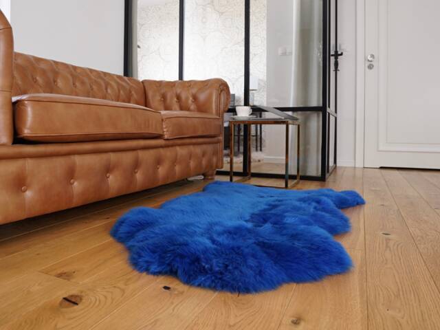 Sheepskin Blue Throw Genuine Leather Wool Carpet Decorative Rug Navy Blue Comfy, Cozy, Hair Is Very Thick, Shiny - image 1