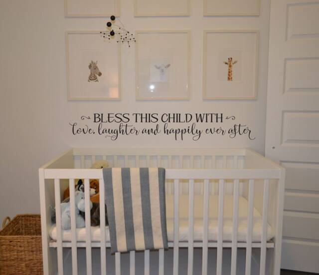 Nursery Wall Decal, Bless This Child With Love, Laughter & Happily Ever Vinyl Lettering Bc841 - image 1