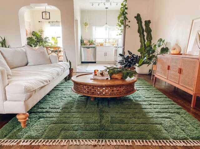 Moss Green Striped Moroccan Shag Rug, Large Area Wool Carpet, Hand Knotted Living Room Rugs - image 1