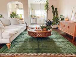 Moss Green Striped Moroccan Shag Rug, Large Area Wool Carpet, Hand Knotted Living Room Rugs - thumbnail 1
