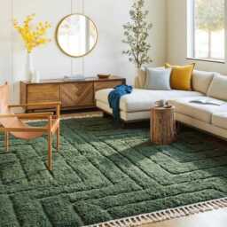 Moss Green Striped Moroccan Shag Rug, Large Area Wool Carpet, Hand Knotted Living Room Rugs - thumbnail 3