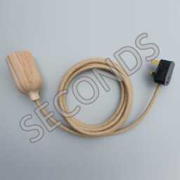 Seconds - Wooden Plug in Pendant Light Fabric Cable, Lamp Holder & E27 Edison Screw Bulb Modern Solid Wood Hanging Wall Cord