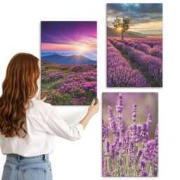 3 Piece Canvas Set - Landscape With Lavender Fields & Sunset, Purple Photo Print, Landscapes Wall Decor - thumbnail 3