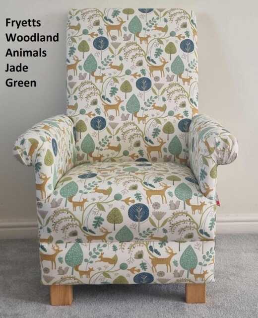 Handmade Woodland Animals Adult Armchair Fryetts Fabric Accent Chair Ochre Teal Beige Nursery Bedroom Foxes - image 1