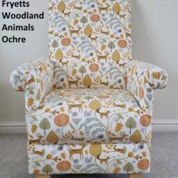 Handmade Woodland Animals Adult Armchair Fryetts Fabric Accent Chair Ochre Teal Beige Nursery Bedroom Foxes - thumbnail 3