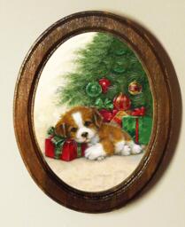 Christmas Light Oak Oval Wooden Framed Festive Print, Seasonal Wall Hanging, Xmas Gift, Puppy's 1st Christmas. 3X4, 3.5X 5, 4 X 6