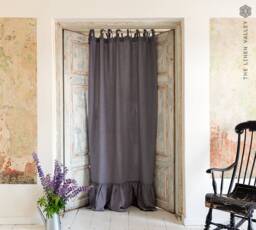 Charcoal Grey Linen Curtain With Ruffles - 1 Pcs - Semi Sheer Window Drape -Curtain Panel Pole Pocket-Tie Top - thumbnail 1