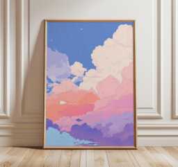 Anime Cloud Art Print, Pastel Sky Wall Decor, Lofi Poster, Vaporwave Pink Purple Print - thumbnail 1