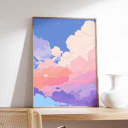Anime Cloud Art Print, Pastel Sky Wall Decor, Lofi Poster, Vaporwave Pink Purple Print - thumbnail 2