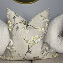 Blossom Cushion, Pillowcase in Gold Beige Floral Pillow, Countryside Home - Made UK John Lewis Designer Weave Furnishing Fabric - thumbnail 1