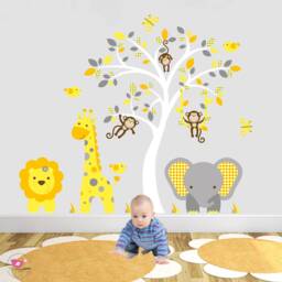 Jungle Decal. Gender Neutral Nursery, Safari Wall Stickers, Monkeys, Giraffe, Elephant, Lion. Orange, Yellow, Grey Decor. White Tree Mural - thumbnail 2