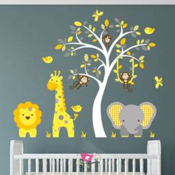 Jungle Decal. Gender Neutral Nursery, Safari Wall Stickers, Monkeys, Giraffe, Elephant, Lion. Orange, Yellow, Grey Decor. White Tree Mural - thumbnail 1