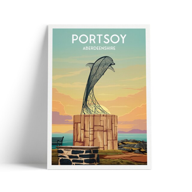 Portsoy Dolphin Travel Poster Print - Aberdeenshire Scotland Scottish Landscape Banff Moray Firth - image 1