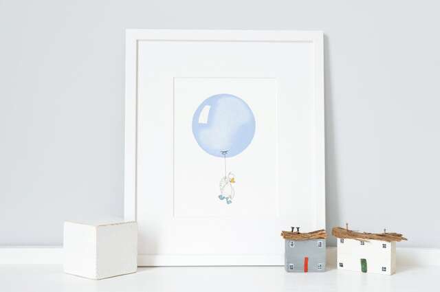Powder Blue, Unframed Balloon Print, Duck Illustration, Pastel Boy's Nursery Art, Baby Boy, Archival UK Art - image 1