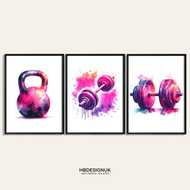 Home Gym Decor Print - Set Of 3 Posters - Watercolour Design Dumbbell Poster Fitness Wall Art Pictures Kettlebell Artwork - image 1