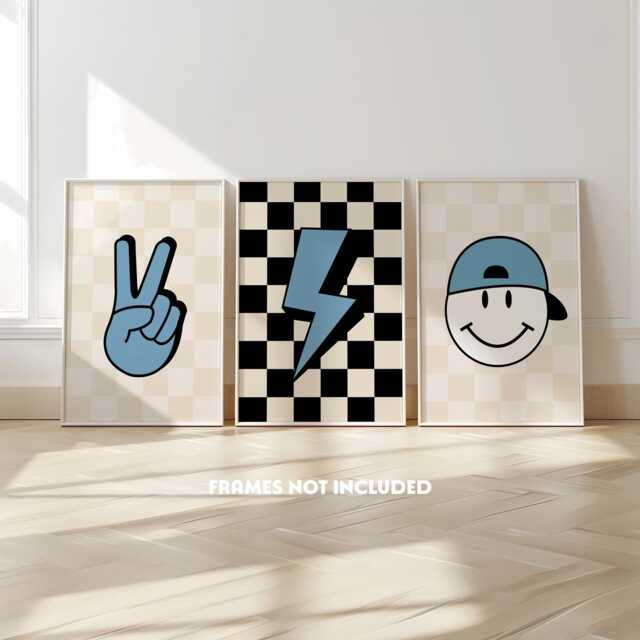 Blue Bedroom Prints, Boys Bedroom, Teen Set Of 3, Playroom Decor, Cool Kids Print, Checkerboard - image 1