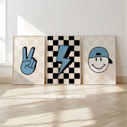 Blue Bedroom Prints, Boys Bedroom, Teen Set Of 3, Playroom Decor, Cool Kids Print, Checkerboard - thumbnail 1